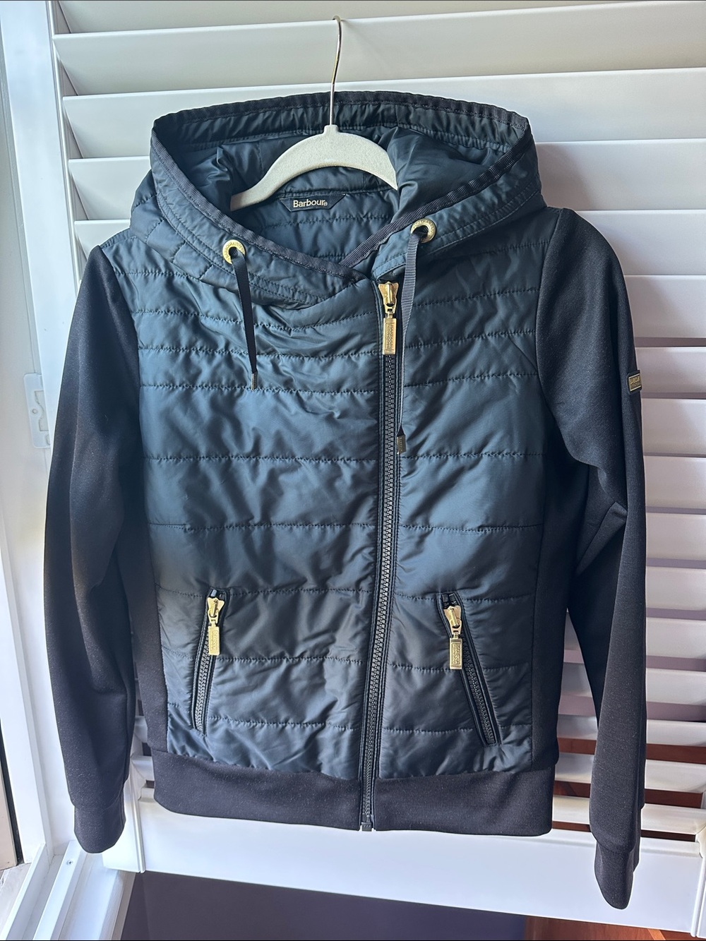 Barbour Black Quilted Hooded Bomber with Gold Hardware